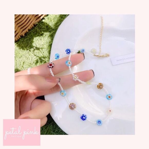 Bohemian Glass and Resin Colorful and Simulated Pearl Necklace Summer Fall - Picture 2 of 5